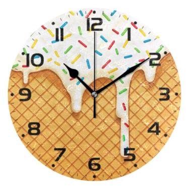 Imagem de JUZIHAI Relógio de parede em cone de sorvete, silencioso, sem tique-taque, relógios de parede redondos operados por bateria, fácil de ler, relógio decorativo de parede para casa, cozinha, sala de