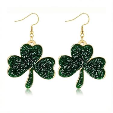 Imagem de Brincos pendentes de trevo do dia de São Patrício para mulheres, trevo verde irlandês, cintilante, brincos de dia de São Patrício, acessórios para o dia de São Patrício, joias para mulheres, Large