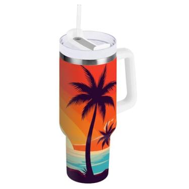 Imagem de ODAWA Copo de café grande para viagem com alça e canudo, copo isolado de parede dupla Coconut Palms Beach