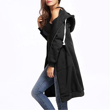 Imagem de Snsowed Nova Moda Feminina Com Capuz Longo Moletom Com Capuz Casaco Casual Bolsos Zíper Sólido Jaqueta (XXXXL)