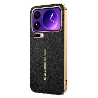 Imagem de POYUFRG Capa fina para Xiaomi 17 Pro Max/17 Pro/17, capa de couro com padrão de lichia galvanizada de luxo com suporte para carregamento sem fio, preta, 17 ProMax