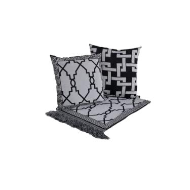 Imagem de Kit Manta Xale para Sofá + 2 Almofadas Cheias, 5 Peças, Preto Geométrico, 135 x 135 cm, Jacquard Dupla Face com Franjas