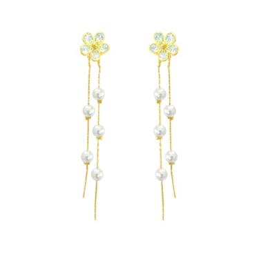 Imagem de Brincos femininos pós-florais com strass e borla de pérola para festa de casamento, uso diário, hipoalergênicos, banhados a ouro