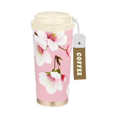 Imagem de TSENQUE Flores de cerejeira rosa branca, copo de café de 473 ml com canudo e tampa, canecas de café de parede dupla isoladas a vácuo com revestimento cerâmico para escritório, escola, festa