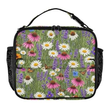 Imagem de Joisal Lancheira vibrante de flores silvestres roxas para mulheres, meninas, lancheira com alça de ombro masculina e infantil, lancheira para trabalho e adultos, linda bolsa térmica com flores