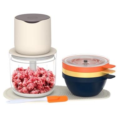 Imagem de Processador Elétrico Multifuncional de Alimentos Triturador Legumes e Carne com Container 600ml Tigela 3x240ml Bateria Recarregável 1500mAh 150W Lâminas Aço Inoxidável Raspa Tapete Silicone para Picar