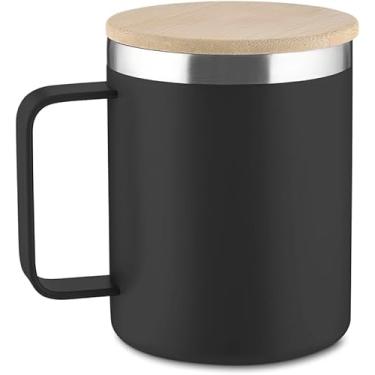 Imagem de Caneca Térmica 400ml em Inox Reciclado com Parede Dupla e Tampa de Bambu Natural, Copo Térmico Preto Fosco para Café e Chá, Design Sustentável e Sofisticado com Isolamento Térmico Premium