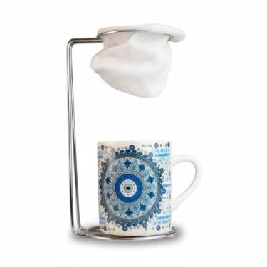 Imagem de Caneca de Porcelana com Coador, Mandala Azul, 120ml, Suporte Metálico, Refil de Algodão, Kit para Café, 15cm Altura