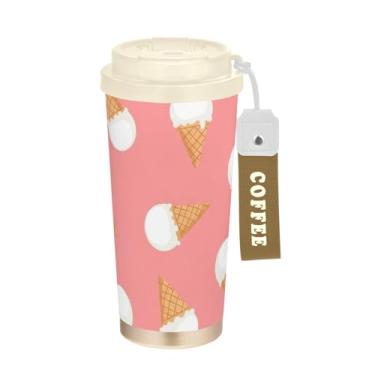 Imagem de TSENQUE Copo de café de viagem de 473 ml com tampa de canudo e filp, revestimento cerâmico isolado a vácuo de aço inoxidável copo de café de viagem à prova de vazamento, cones de sorvete de desenho