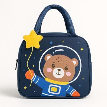 Imagem de Lancheira Térmica Infantil Urso Astronauta com Estrela em Feltro, Forro Isolante, Zíper e Alça – 26×20×10 cm (Escola/Creche)