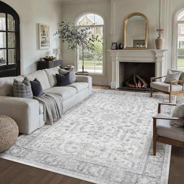 Imagem de PureCozy Tapete cinza 15 x 23 cm, vintage, lavável, sala de estar, boho, antiderrapante, quarto, interior, escritório, pilha baixa, grande, tradicional, envelhecido, retrô, para sala de jantar