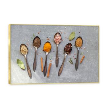 Imagem de NHLDZYH Moldura dourada. Arte de parede em tela de especiarias coloridas e colher de tempero | Decoração de cozinha vintage | Arte moderna para casa e sala de jantar. C27. 50 x 75 cm - 19,7 x 29,6 pol