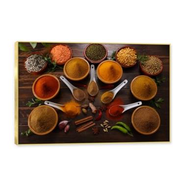 Imagem de NHLDZYH Moldura dourada. Arte de parede em tela de especiarias coloridas e colher de tempero | Decoração de cozinha vintage | Arte moderna para casa e sala de jantar. C23. 30 x 45 cm-11,8 x 17,7 pol