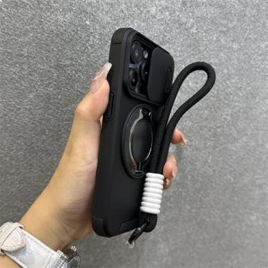 Imagem de Capa com suporte de anel giratório e cordão para iPhone 16, 15 Pro Max, 14 Plus, 11, 13 e 12, alça de pulso, capa deslizante para câmera, preta, para iPhone 14 Plus