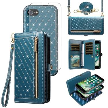 Imagem de Capa de celular para iPhone 7/8/SE 2020/2022 carteira com zíper destacável protetor de tela transversal alça de cordão brilhante suporte de cartão de crédito iPhone7 iPhone8 2/2nd/3/3ª geração