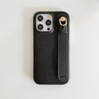 Imagem de IRTGFG Capa de couro com alça de pulso de luxo para iPhone 16 Pro (para iPhone 16 Pro/preto)