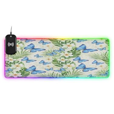 Imagem de CEBUGI Mouse pad de carregamento sem fio Blue Butterflies 15W mouse pad rápido para jogos com 14 iluminação LED RGB para jogos, PC, laptop, mesa 90,9 x 39,9 cm
