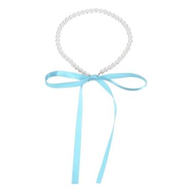 Imagem de PATIKIL Colar de pérolas boho para mulheres com laço de fita azul, gargantilhas ajustáveis na moda, acessórios de moda para festas, casamentos, chás de panela, formatura, presentes de aniversário