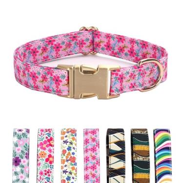 Imagem de TANXIC Coleira floral para cães com fivela de metal de liberação rápida, coleira de algodão macio e durável ajustável para cães pequenos, médios e grandes, meninos e meninas (rosa floral, grande)