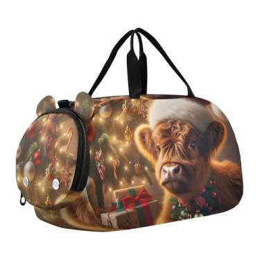 Imagem de Bolsa esportiva de Natal para meninas Highland Cow, bolsa de viagem para fim de semana, compartimento para sapatos noturnos, bolsa esportiva para meninos, Christmas Highland Cow Cozy, Clássico