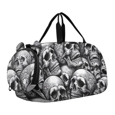 Imagem de Bolsa esportiva rosa Swan Crowns para meninos e fim de semana para viagem noturna para meninas, Caveira preta e branca, Clássico