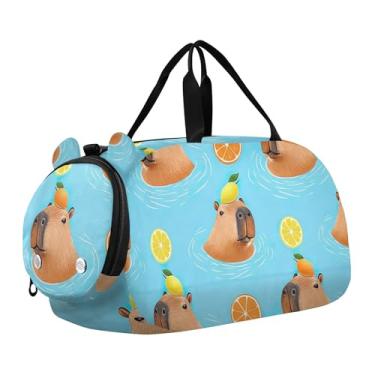 Imagem de Linda bolsa esportiva azul para cães pug para meninos durante a noite para o fim de semana e meninas para viagens e crianças, Capivaras azuis divertidas, Clássico