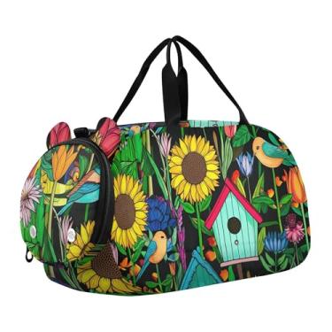 Imagem de Bolsa esportiva para meninos durante a noite para o fim de semana, bolsa de viagem para meninas, bolsa esportiva para crianças, amarelo, girassol, preto, branco, grade, Jardim colorido e vibrante