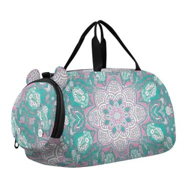 Imagem de Bolsa esportiva para meninos durante a noite para o fim de semana, bolsa de viagem para meninas, bolsa esportiva para crianças, amarelo, girassol, preto, branco, grade, Mandala verde-azulado, Clássico