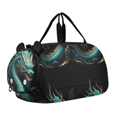 Imagem de Sacola de viagem com ursinho de pelúcia abraçando boneco de neve, bolsa de viagem infantil, bolsa esportiva para meninos, Dragão chinês azul preto, Clássico