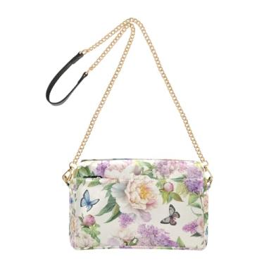 Imagem de Joitme Bolsa de ombro feminina transversal para celular bolsa de ombro de couro PU com alça de corrente floral creme peônias coloridas