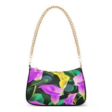 Imagem de Calla Lilies Bolsa de ombro com corrente amarela roxa, bolsa feminina Hobo média, bolsa clutch elegante para noite e festa