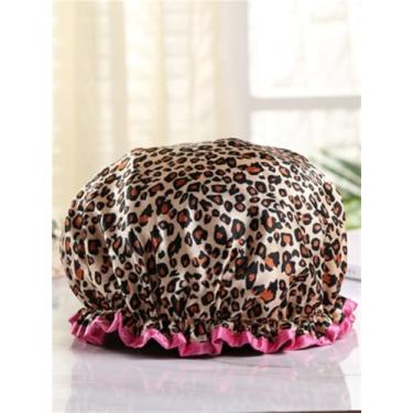 Imagem de 1 touca de banho com estampa de leopardo, touca de banho impermeável de poliéster com babados para banheiro, decoração de casa de banho, decoração de outono