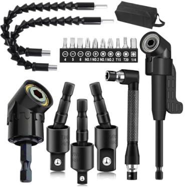 Imagem de Conjunto de extensão de broca flexível de 18 peças, acessório de broca de ângulo reto de 105°, 1/4, 3/8, adaptador sextavado de 1/2 polegada, chave de soquete, extensor magnético dobrável, chave de