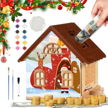 Imagem de Kit de caixa de desafio de poupança DIY com conjunto de tinta: cofre de dinheiro, caixa de poupança de madeira, kits de artesanato de madeira - faça um kit de casa de banco de dinheiro para crianças