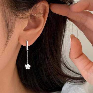 Imagem de Brincos de argola com pingente de corrente de flores para mulheres, banhado a prata, minúsculo, margarida, cerejeira, borla, pingente, brinco de pingente, joia delicada para festa de casamento