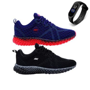 Imagem de Combo 2 Tênis Casual Caminhada Academia Cadarço Conforto + Relógio Esp