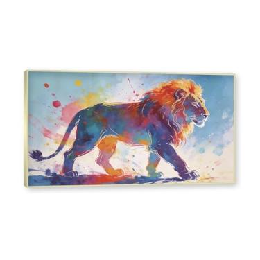 Imagem de NHLDZYH Moldura dourada. Arte abstrata de respingos de leão, pintura colorida de animais em tela, decoração de parede expressiva moderna para sala de estar ou escritório. A101. 75 x 135 cm - 29,5 x