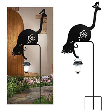 Imagem de Estaca de metal para gatos ao ar livre estacas decorativas solares gato segurando lanterna solar estacas decorativas de jardim