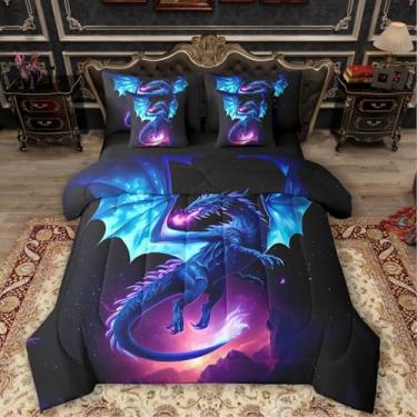 Imagem de Feelyou Conjunto de edredom Queen com dragão azul, tamanho Queen, 7 peças, para crianças, com dragão voador em uma bolsa, conjunto de cama inclui edredom, conjunto de lençol, fronhas e fronhas