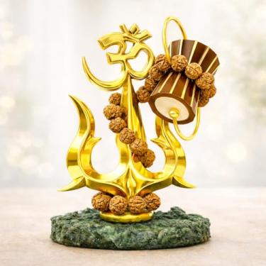 Imagem de Home Genie Trishul com Damru & Rudraksha Mala Showpiece | Ídolo decorativo Shiv Trishul para painel de carro, casa, escritório e quarto Pooja | Base preta | Altura 11 cm