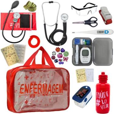 Imagem de Kit Bolsa Transparente Aparelho de Pressão Aneroide Medidor de Glicose