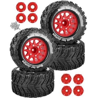 Imagem de RCarmubWow 1/10 Scale RC Wheels and Tires for Granite Big Rock Vorteks 3S/Rustler Stampede Hoss 2wd 4x4,Axia1 L0S1 Red cat Rc 4wd,1/10 Truck Tires w/12/14/17MM Hex,Rubber Tyres w/Foam Insert,Red