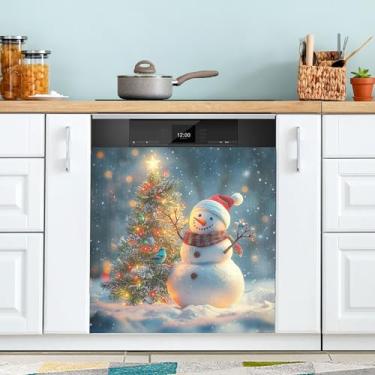 Imagem de xigua Linda capa magnética de boneco de neve de Natal, adesivos magnéticos decorativos antiarranhões para painel de geladeira e lava-louças, decoração personalizada de cozinha doméstica 58 x 66 cm