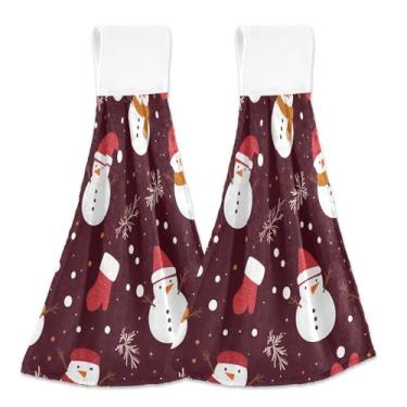 Imagem de Blueangle 2 peças de toalhas de gravata penduradas com bonecos de neve fofos toalha de mão de cozinha absorvente de veludo coral macio pano para cozinha e banheiro (598)