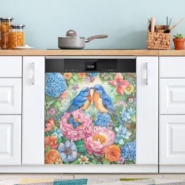 Imagem de SEHANY Aquarela Bluebirds capa magnética para lava-louças, adesivos magnéticos decorativos antiarranhões para painel de geladeira e lava-louças, decoração de flores de fazenda de cozinha doméstica 58