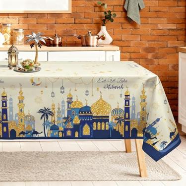 Imagem de Arquiel Toalha de mesa Eid Al-Fitr Ramadã retangular lavável na máquina Eid Mubarak, 213 x 152 cm, capa de mesa de poliéster azul profundo para cozinha, jantar, decoração ao ar livre