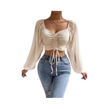 Imagem de Blusa Feminina Cropped De Malha Canelada Com Manga Transparente, Detal
