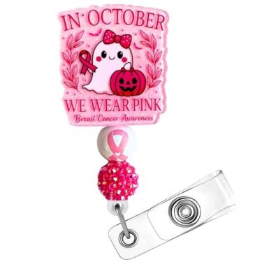 Imagem de In October We Wear Pink Breast Cancer Awareness Badge Reel Ghost Halloween Hospital Clinic ID Name Holder Clip Fighters Support Survivors Accessories Gift for Healtcare Workers CNA Nurse Coworkers