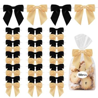 Imagem de TONIFUL 50 peças de laços de fita de cetim preto e dourado, laços torcidos de 11,4 cm para embrulho de presente, bolos, artesanato, garrafas, formatura, casamento, chá de bebê, decoração de festa de
