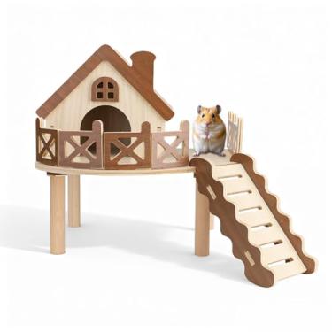 Imagem de Plataforma de madeira para hamster, plataforma de gaiola de animais pequenos de madeira natural com rampa e escada para hamsters ratos gerbils, esconderijo para enriquecimento de escalada, acessórios